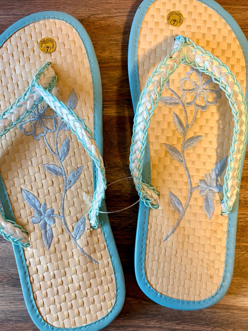 Braided Strap Floral Embroidered Flip Flops - Light Blue